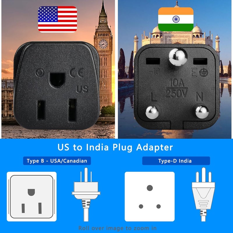 OFOAEEA US to India Plug Adapter, 2 Pack Type D Plug Adapter, India Power Adapte US to India, Bangladesh, Maldives, Pakistan Travel Adapter (Black) - Image 3